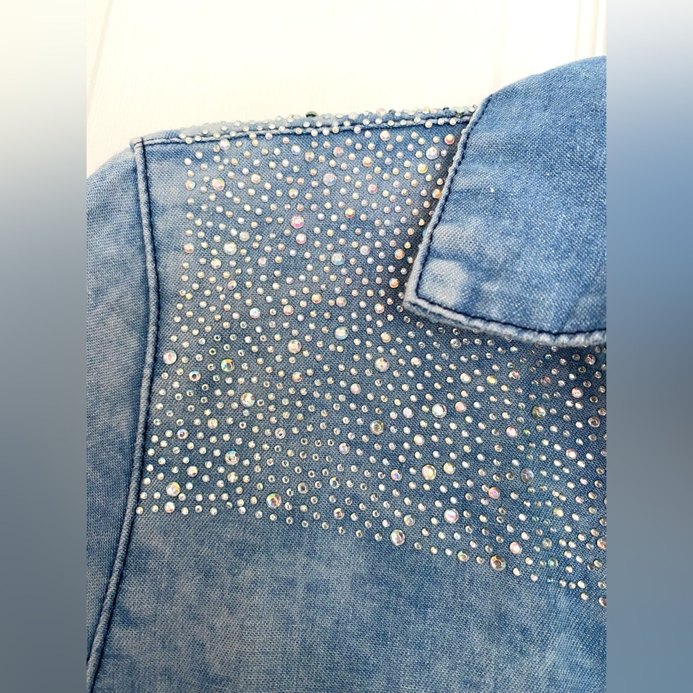 KROIX Cotton Rhinestones Details Raw Hem Hi Lo Denim Button-Up Shirt Dress Sz M - Picture 11 of 17